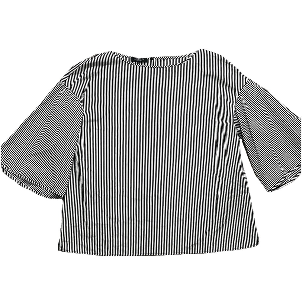 Lafayette 148 Women's L Black White Stripe Cotton Flare Bell Sleeve Blouse Shirt - Picture 2 of 8